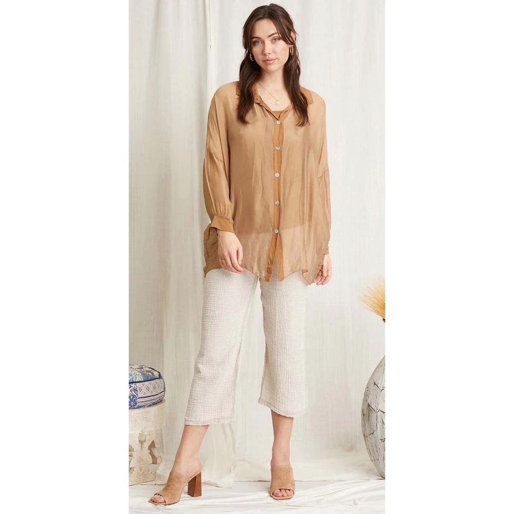 SCANDAL Italy 100 Cotton Gauze Beige Long Sleeve Shirt Top Made in Italy Size L